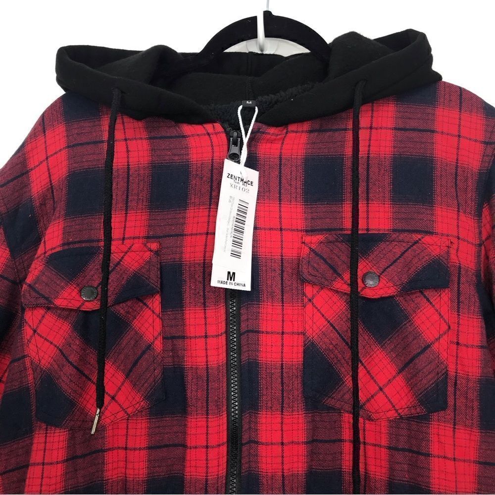 Zenthace Red Plaid Sherpa Fleece Lined Hooded Zip Up Jacket NEW - Picture 4 of 15